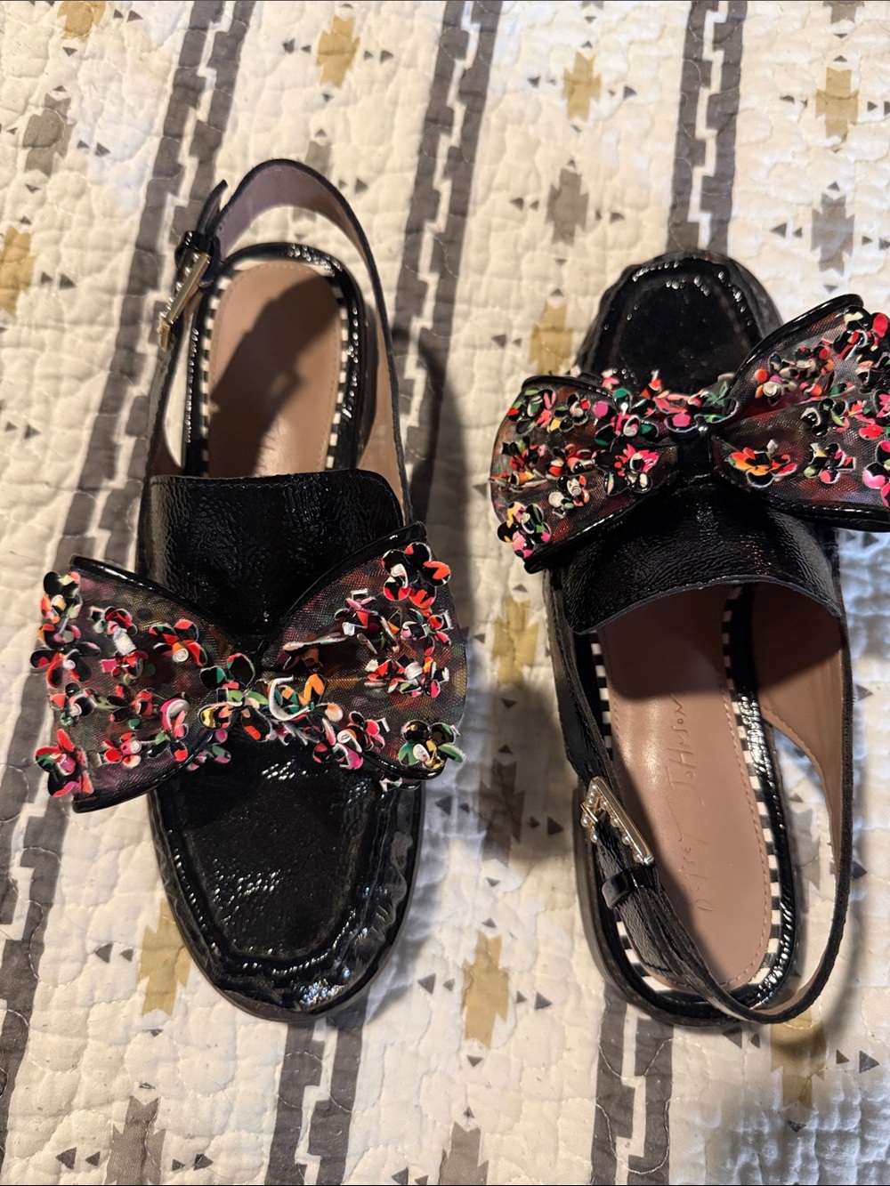 Betsy Johnson Black Patent Slingback Flats with Multicolor Floral Bow - Picture 3 of 6
